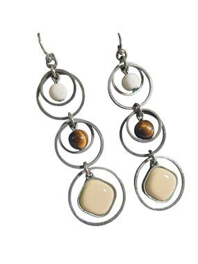 Handmade Dangle Earring Silver Open Circle Three Tier Tiger Eye White Cream Bead